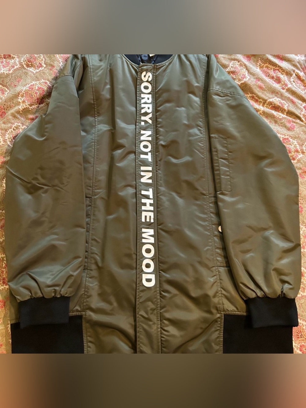 Zara Olive Green Bomber Jacket with 'SORRY, NOT IN THE MOOD' Front Strip